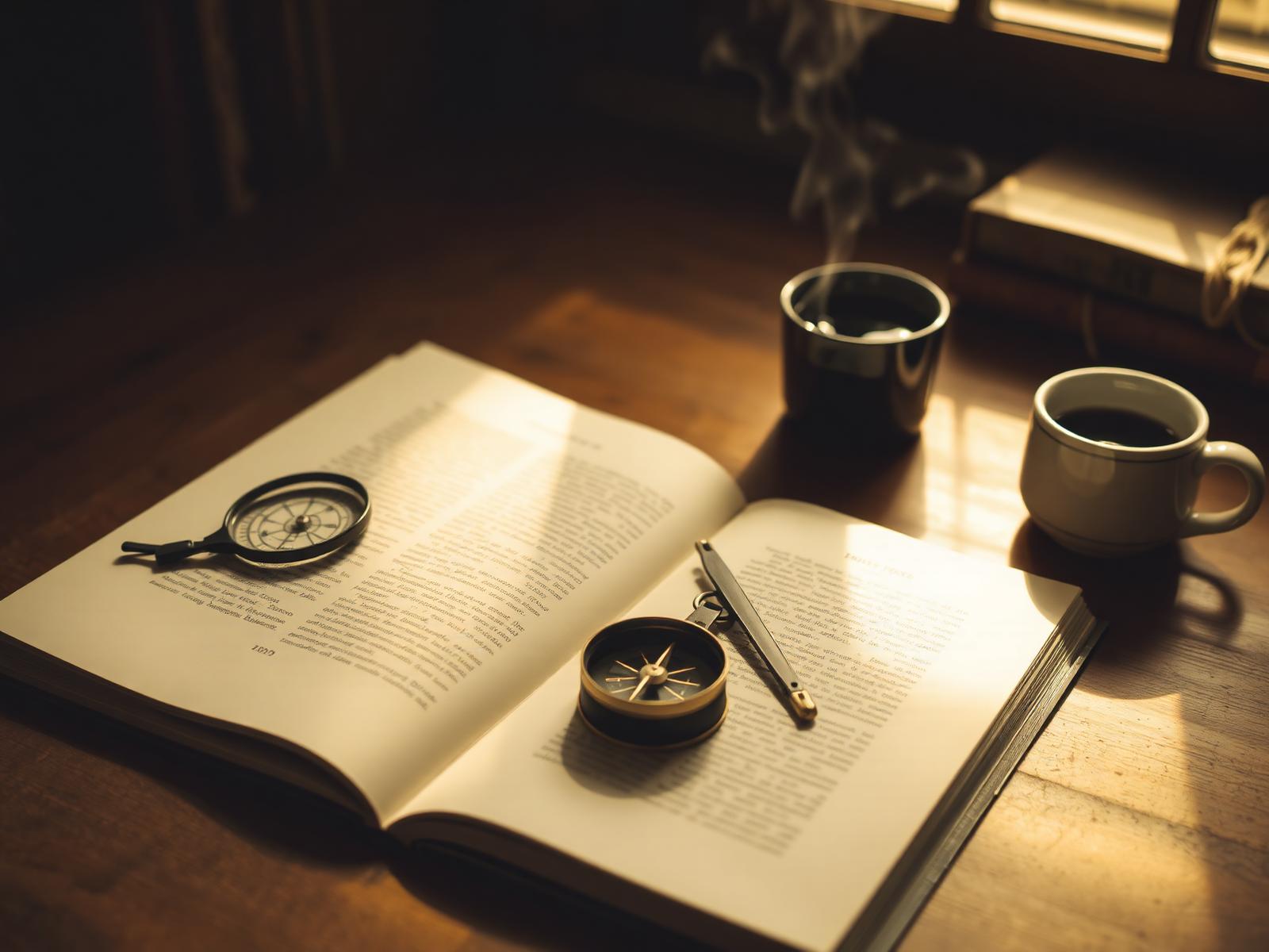 An open book with a compass and coffee on a warm wooden desk